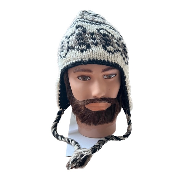 Nepal Wool Trapper HAT Tassels Nordic Knit Pattern Winter Ear Flaps Cream Brown - Picture 4 of 6